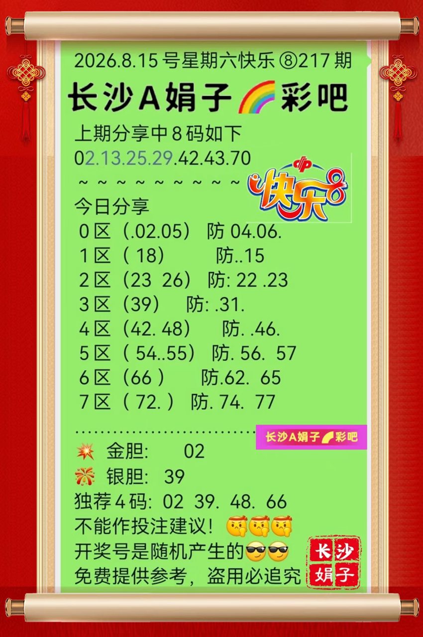 2026217期长沙A娟子彩吧福彩快乐8推荐