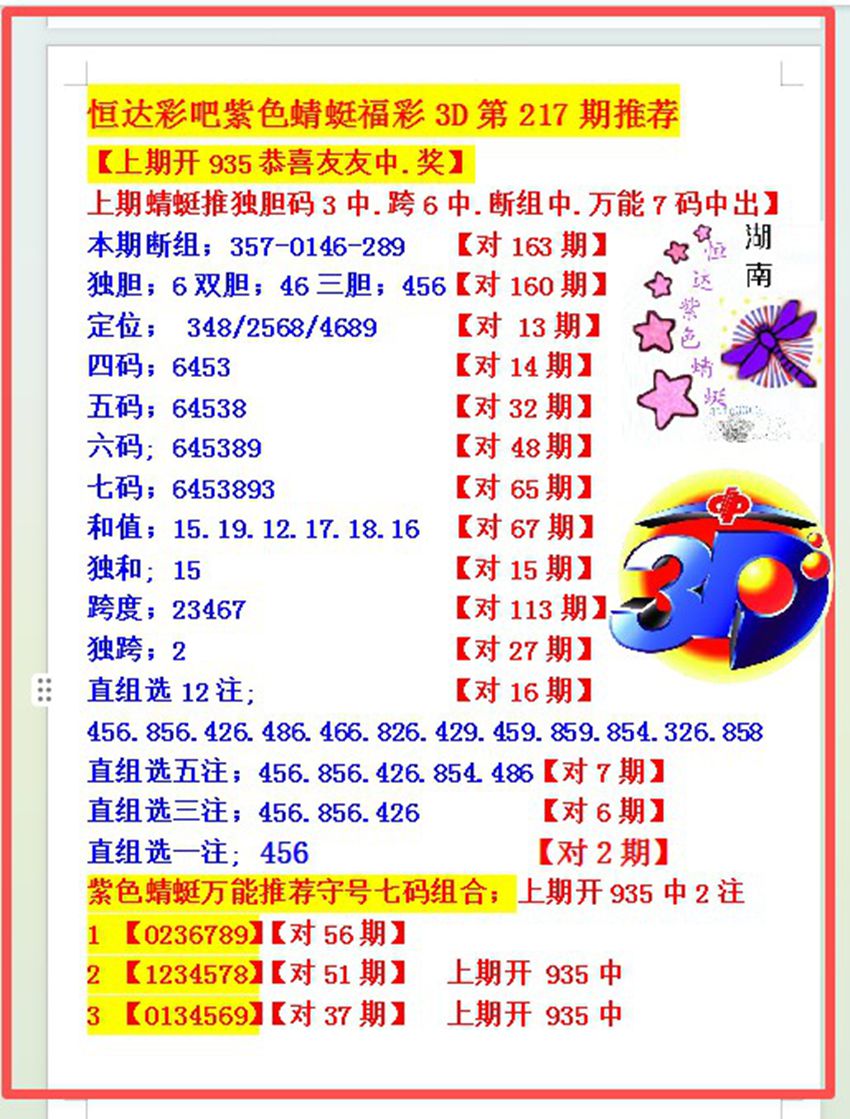 2026217期恒达彩吧紫色蜻蜓福彩3D推荐