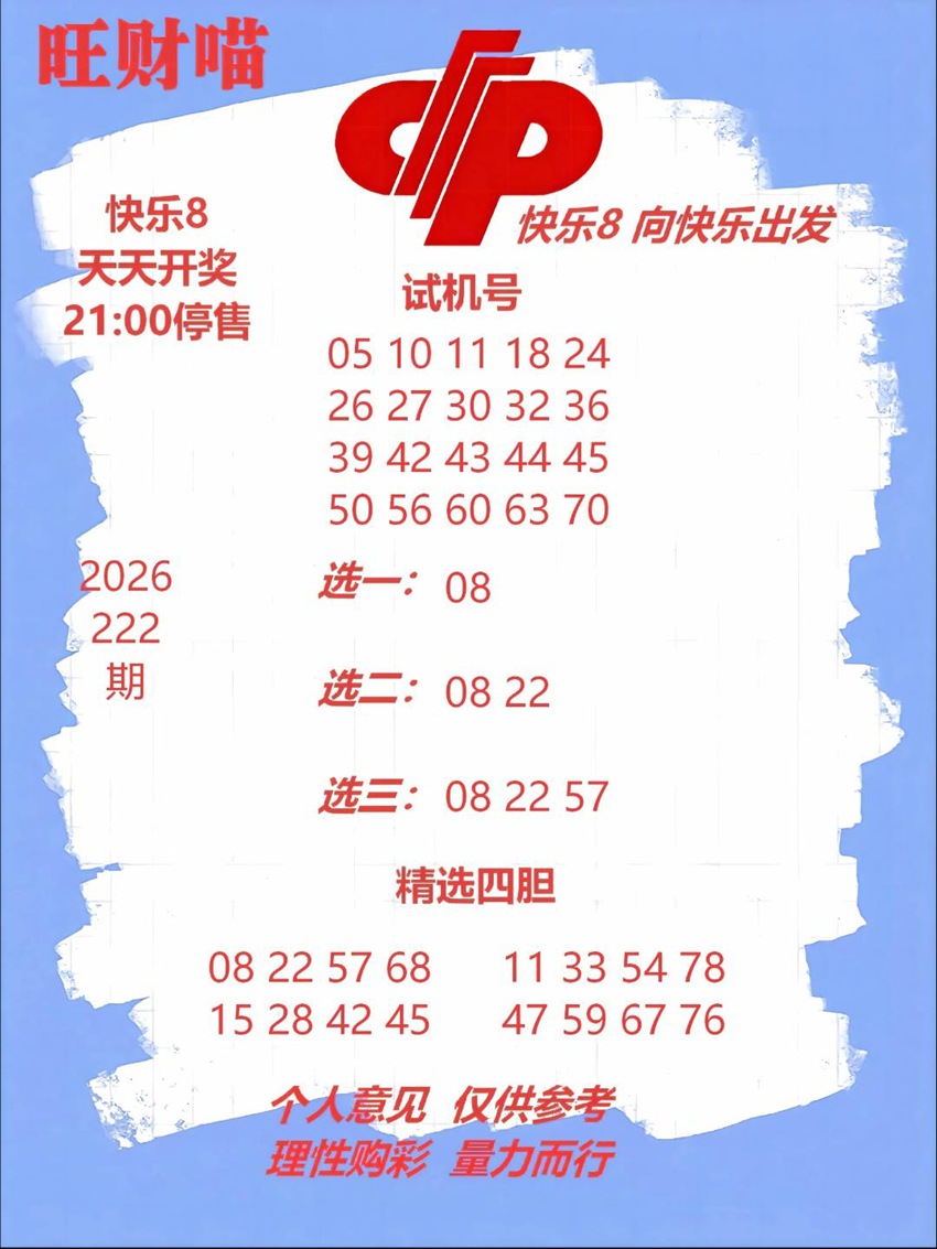 2026222期旺财喵福彩快乐8分析推荐